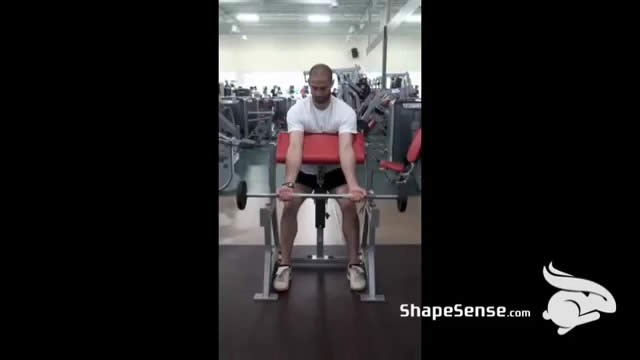 An image of a man performing the barbell preacher curl exercise.