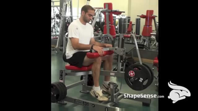 An image of a man performing the seated calf raise exercise.