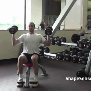 An image of a man performing the Arnold press exercise.