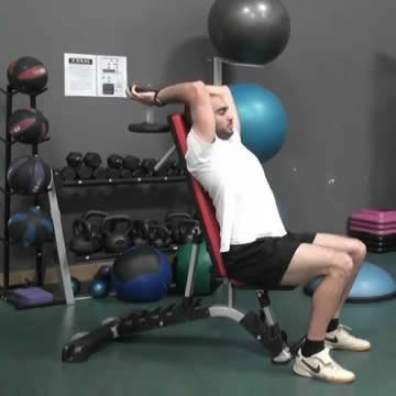 An image of a man performing the seated dumbbell tricep press exercise.