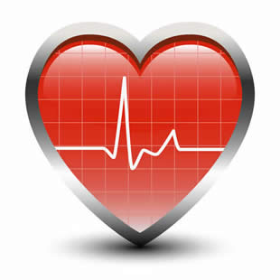 A red heart with an ECG pulse line displayed over it.