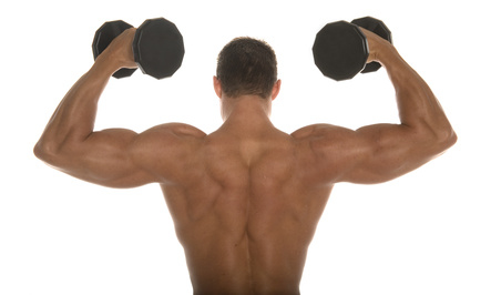 view of a man's back while he builds muscle by lifting weights